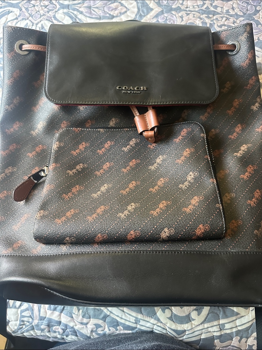 Coach Black Leather Drawstring Backpack with Brown Signature Accents